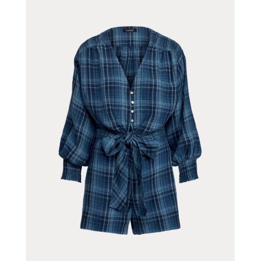 Ralph‎ Lauren Black Label Linen Romper Sz 4 Blue Plaid Tie Waist V-Neck Pockets